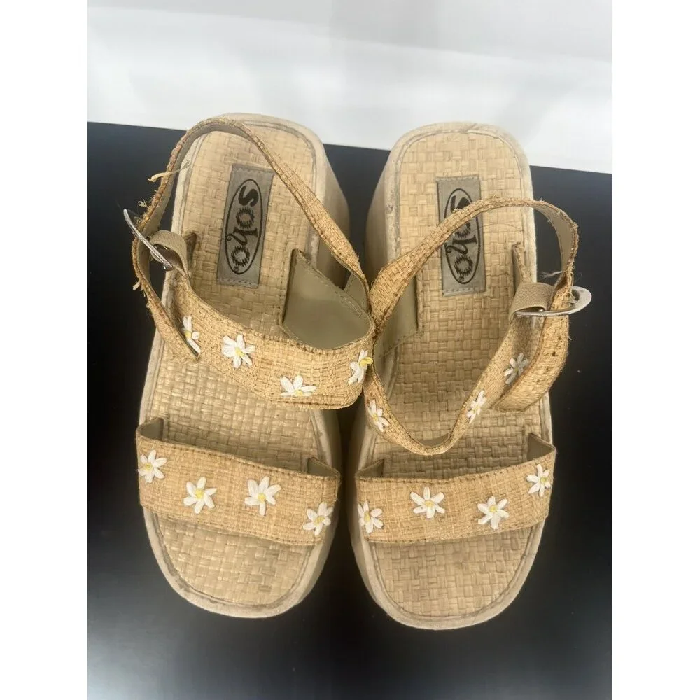 Vintage Y2K Soho Sandals Woven Daisy Floral Wedge‎ No Size *Some Peeling*